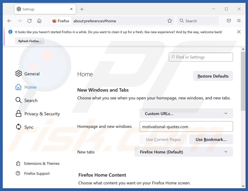 Rimuovere motivational-quotes.com dalla homepage di Mozilla Firefox 