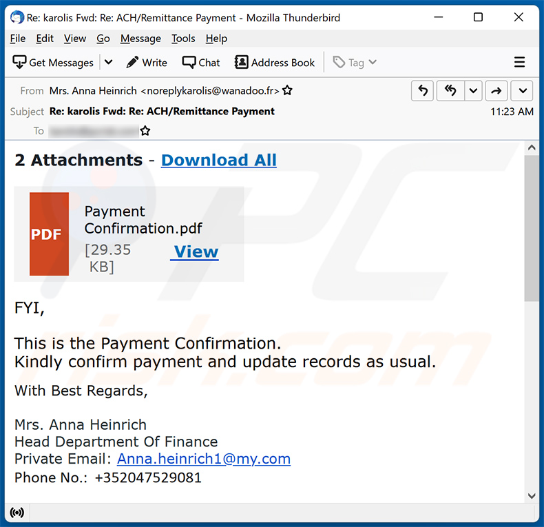 Payment Confirmation truffa via e-mail (2023-06-15)