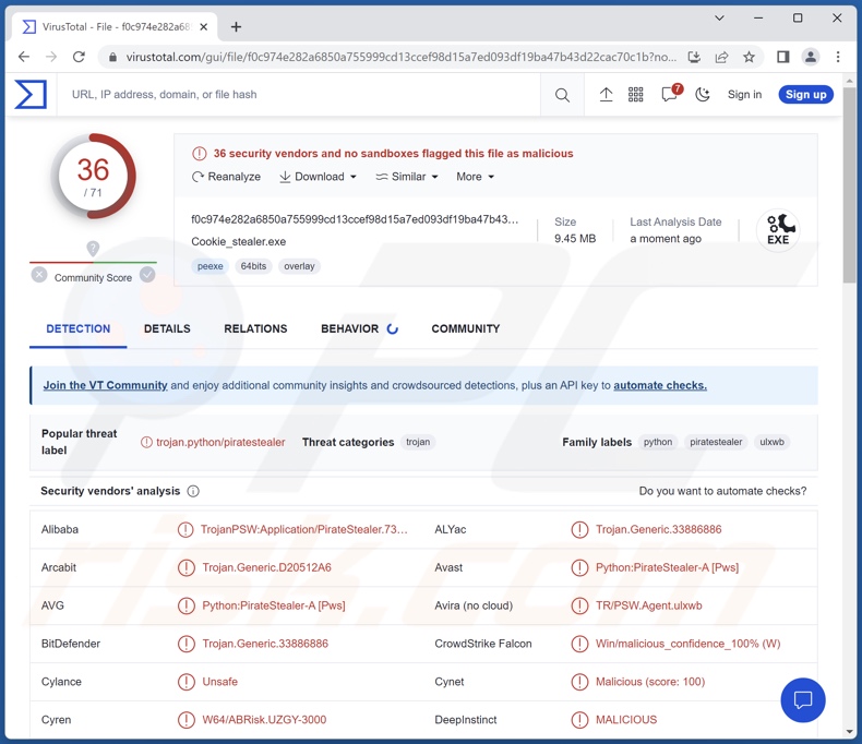 Rilevamenti di malware PirateStealer su VirusTotal