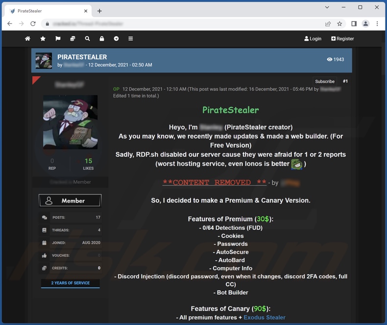 Schermata del malware PirateStealer promosso su un forum di hacker