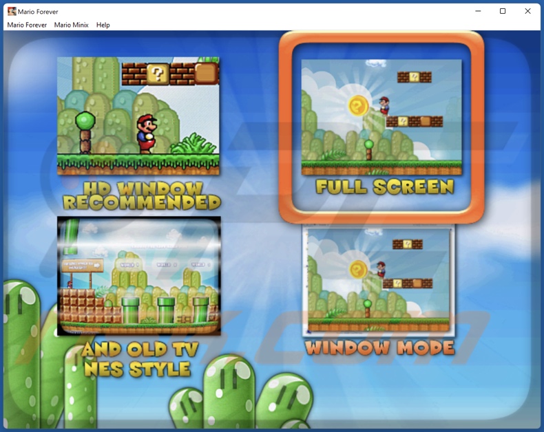 Interfaccia del menu del videogioco Super Mario 3 trojanizzata