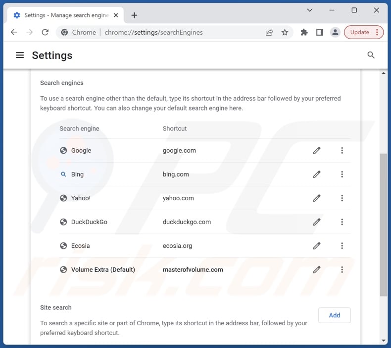 Rimozione di masterofvolume.com dal motore di ricerca predefinito di Google Chrome