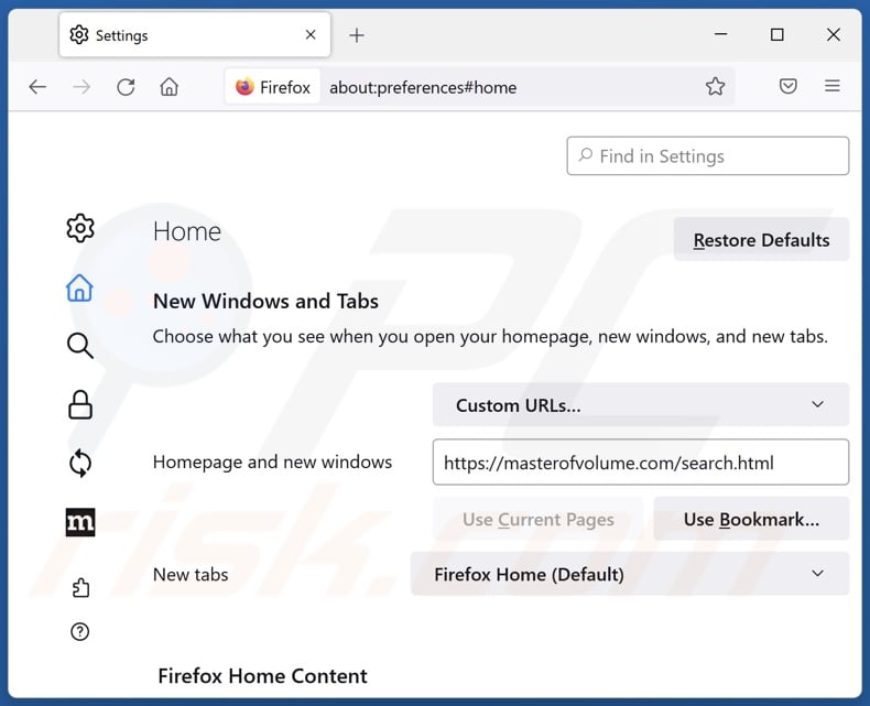 Rimozione di masterofvolume.com dalla home page di Mozilla Firefox