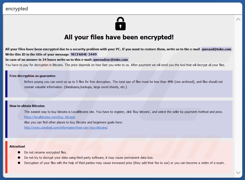 Schermata della finestra pop-up del ransomware 2QZ3 (