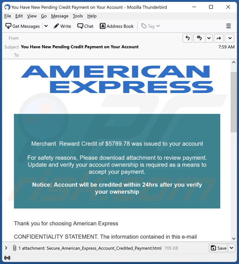 Campagna di spam email American Express Merchant Reward