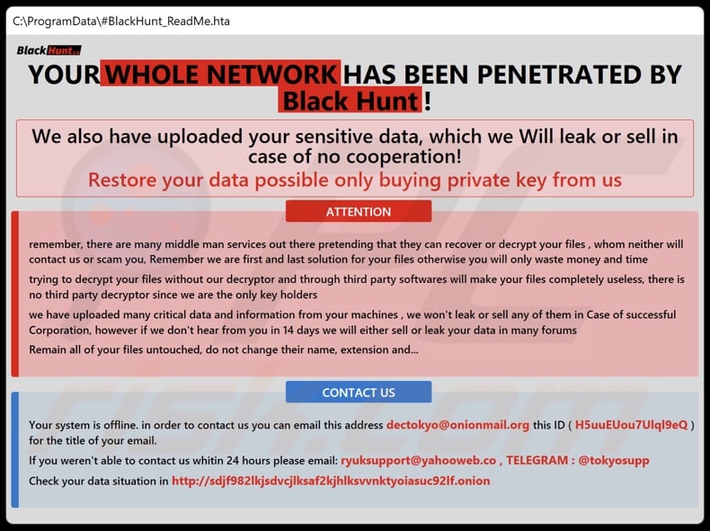 Screenshot della finestra pop-up del ransomware Black Hunt 2.0 (