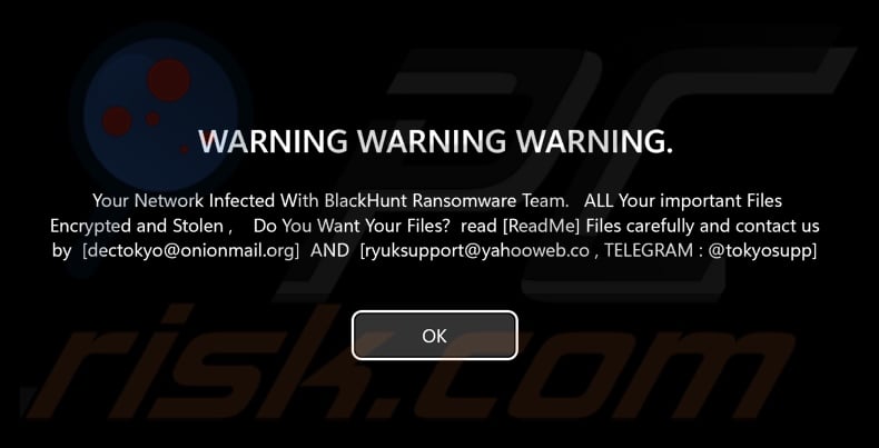 Schermata del messaggio del ransomware Black Hunt 2.0 visualizzato prima della schermata di accesso