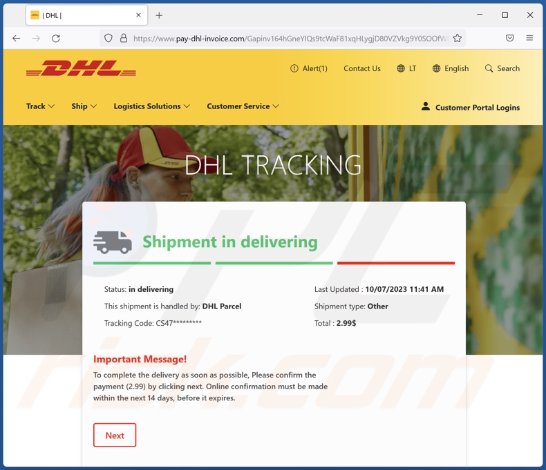 DHL Delivery Payment e-mail truffaldina promossa da un falso sito DHL