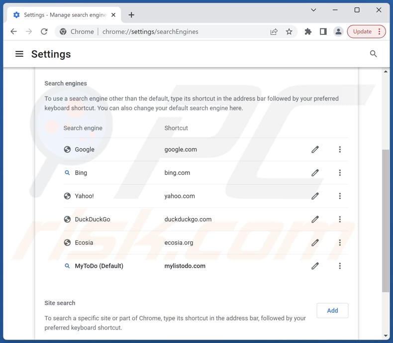 Rimozione mylistodo.com dal motore di ricerca predefinito di Google Chrome