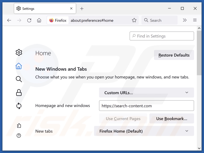 Rimozione di search-content.com dalla home page di Mozilla Firefox