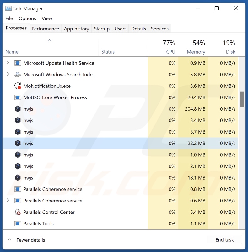 Schermata del processo dell'adware Subtitles su Task Manager di Windows (nome del processo 