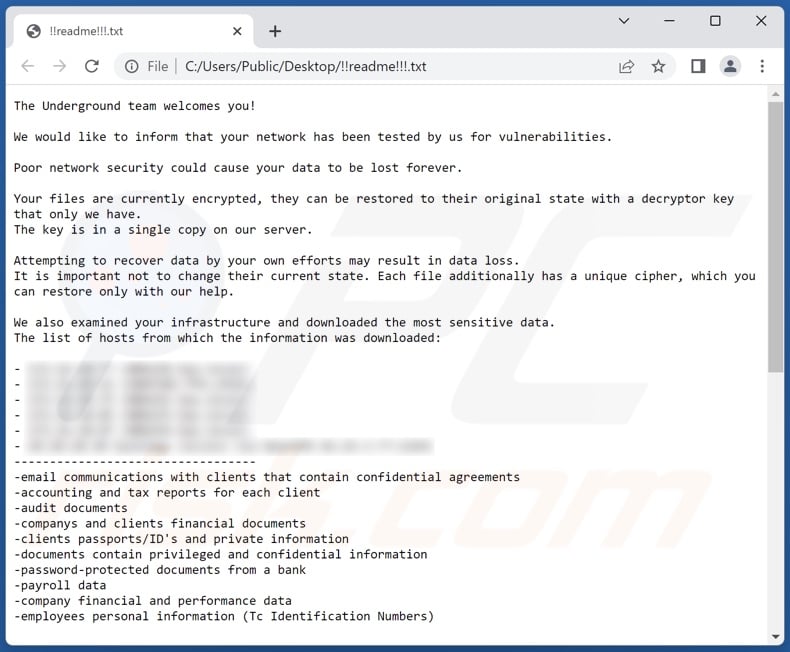 Schermata del file di testo del ransomware Underground Team