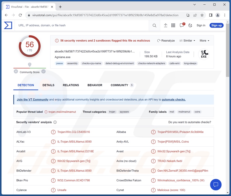 Rilevamenti di malware Agniane su VirusTotal