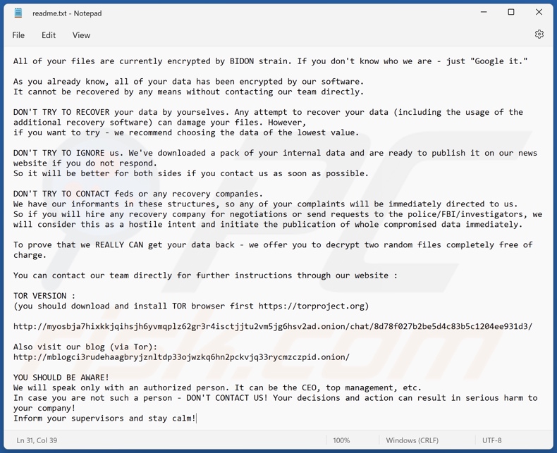 Schermata del file di testo del ransomware BIDON (