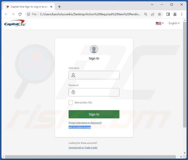 Capital One SECURITY MESSAGE e-mail truffa promossa file di phishing (Azione richiesta Nuovo pagamento elettronico in sospeso sul tuo conto.html)