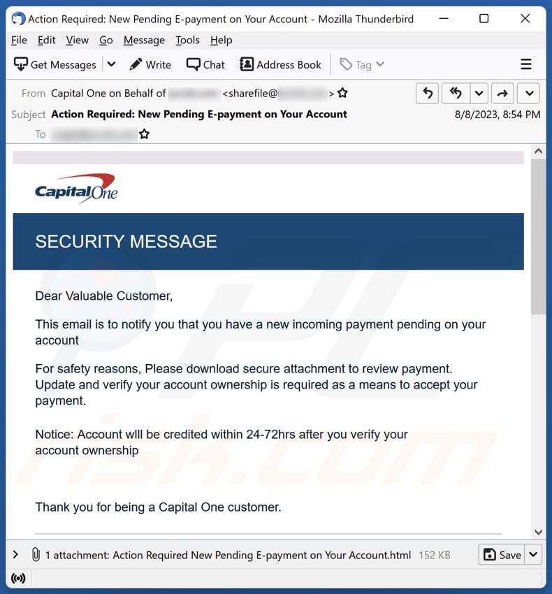 Capital One SECURITY MESSAGE campagna di spam via e-mail