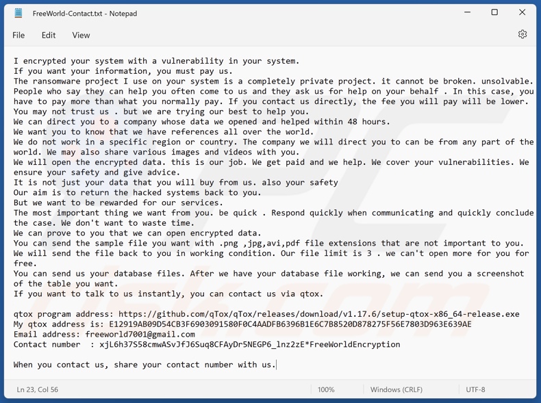 Screenshot del file di testo del ransomware FreeWorld (