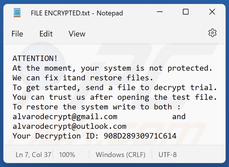 Schermata del file di testo del ransomware Harward (