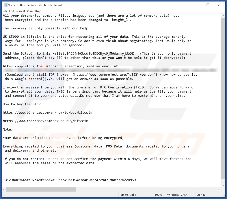 Schermata del file di testo di Knight ransomware (