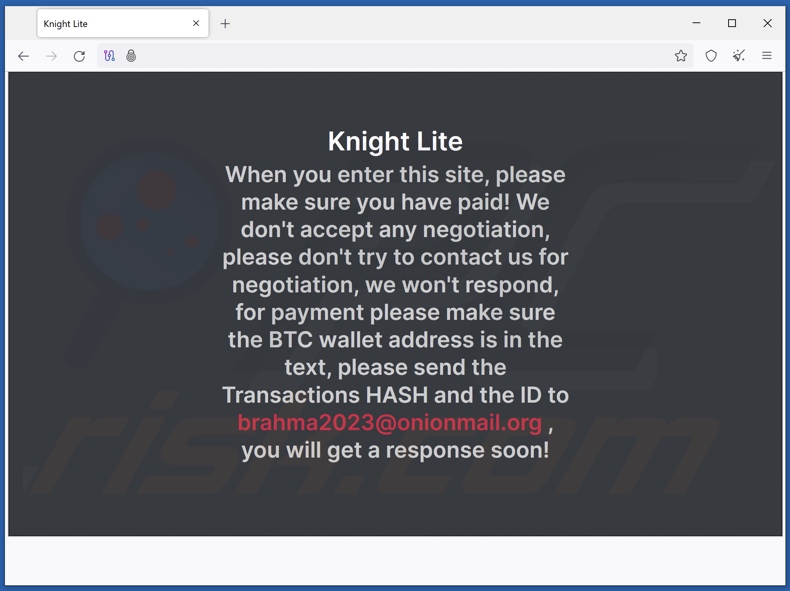 Screenshot del sito Web su rete Tor di Knight