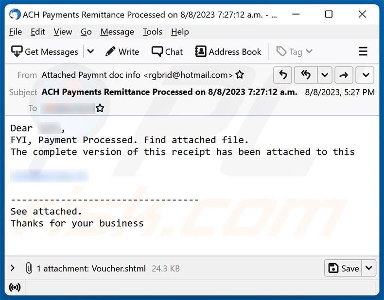 Payment Processed truffa via e-mail (2023-08-11)