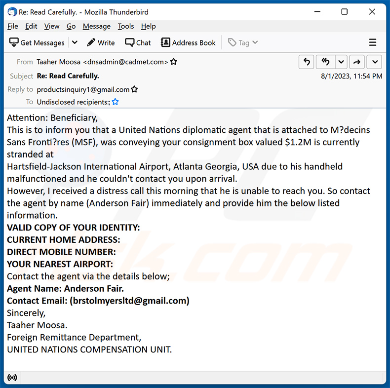 United Nations - Abandoned Shipment email truffa (2023-08-11)