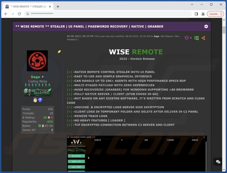 Screenshot dello stealer Wise Remote promosso sui forum degli hacker