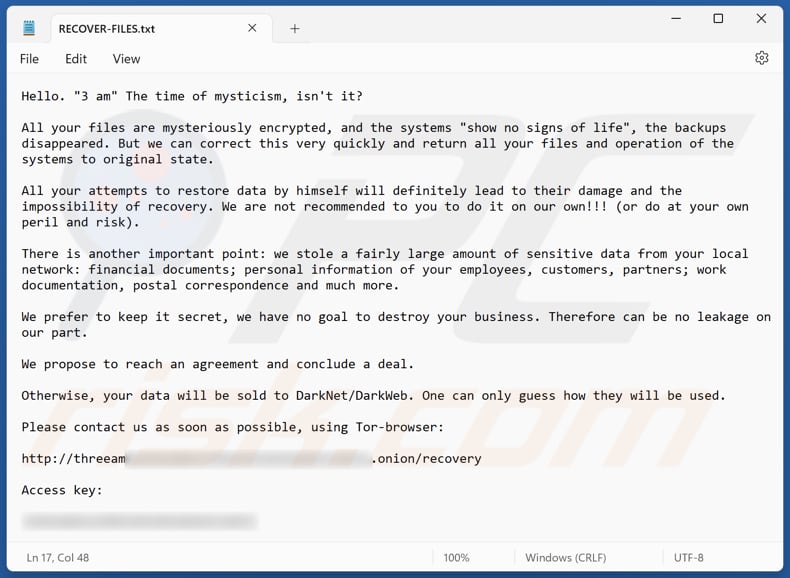 File di testo del ransomware 3AM (RECOVER-FILES.txt)