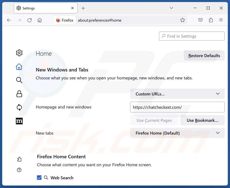 Rimozione chatcheckext.com dalla home page di Mozilla Firefox