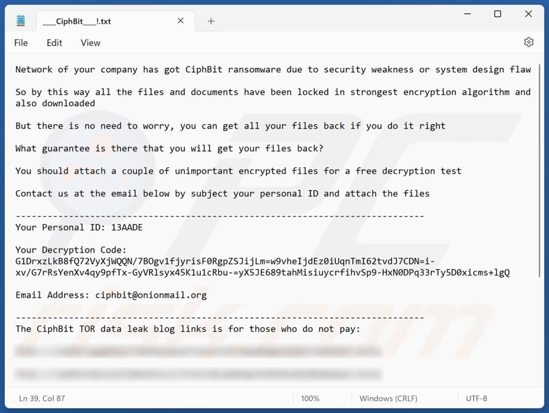 Screenshot del file di testo del ransomware CiphBit (