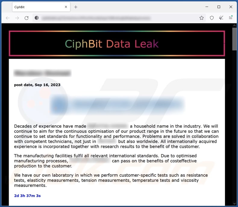 Schermata del sito web della rete Tor di CiphBit utilizzato per la fuga di dati