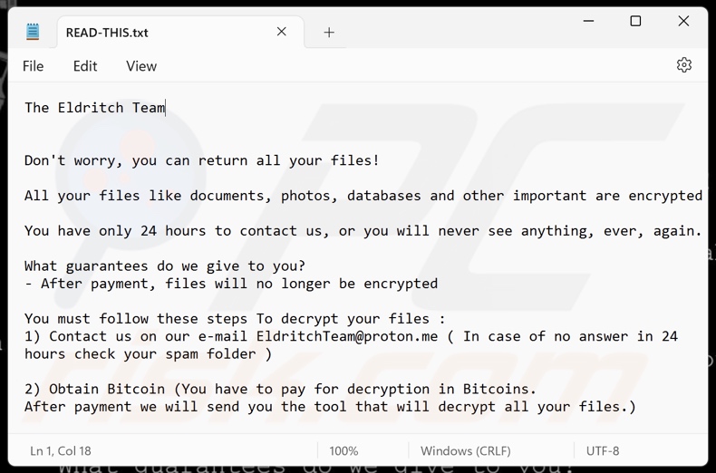 Screenshot del file di testo del ransomware Eldritch (