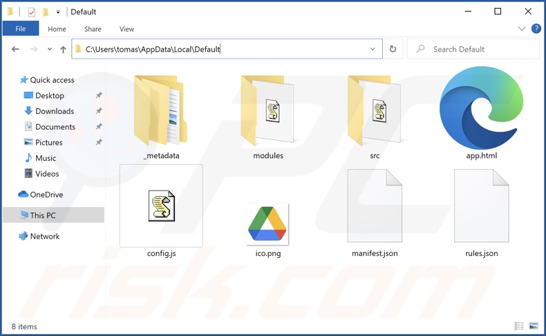 Cartella di installazione dell'estensione Google Drive falsa (denominata Default)