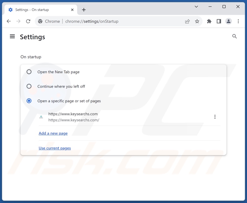 Rimozione di keysearchs.com dalla home page di Google Chrome