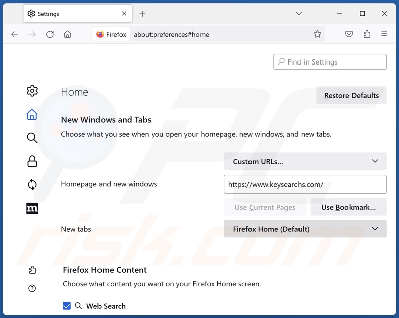Rimozione di keysearchs.com dalla home page di Mozilla Firefox