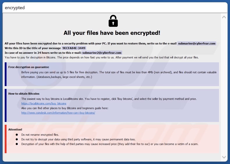 Screenshot della finestra pop-up del ransomware S4b (