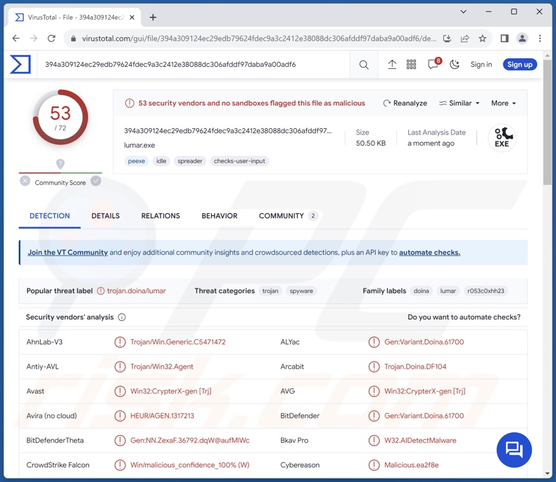 Rilevamenti di malware Lumar su VirusTotal