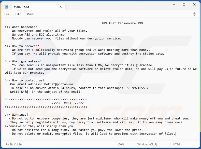 Screenshot del file di testo del ransomware Xret (