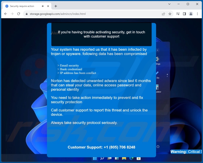 Screenshot della seconda finestra pop-up visualizzata da questa truffa Your Security Is Not Up-To-Date scam