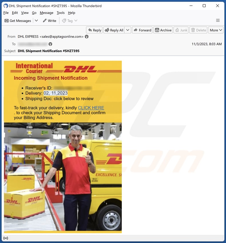 DHL - Incoming Shipment Notification campagna di spam via e-mail