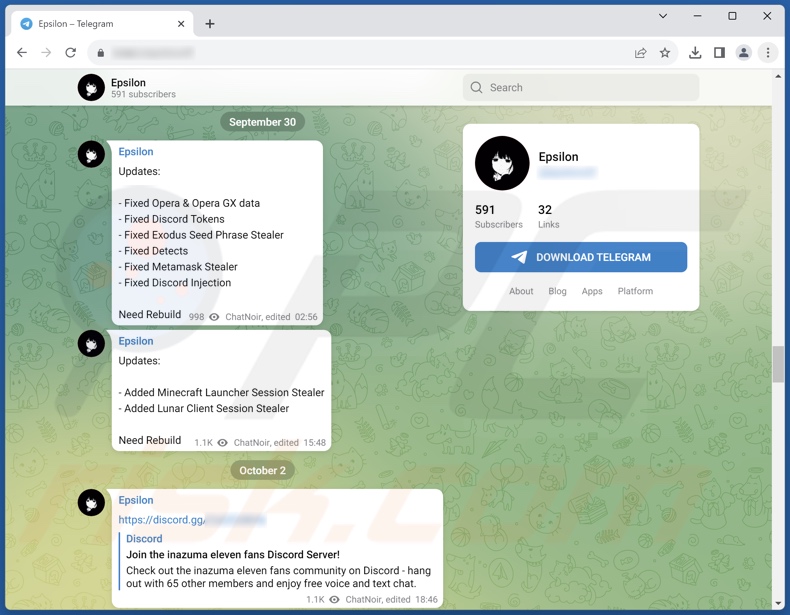 Screenshot dello stealer Epsilon promosso su Telegram