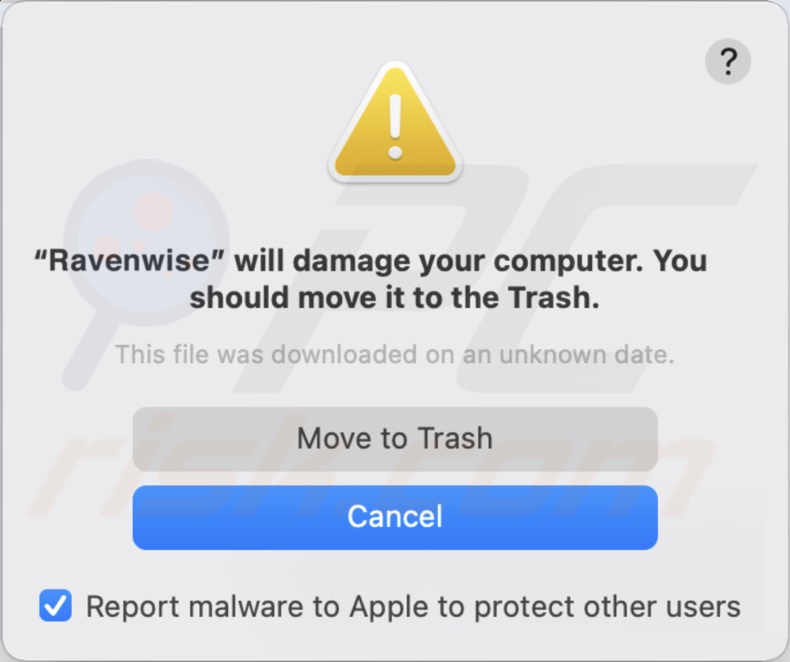 Pop-up visualizzato quando viene rilevato l'adware Ravenwise nel sistema