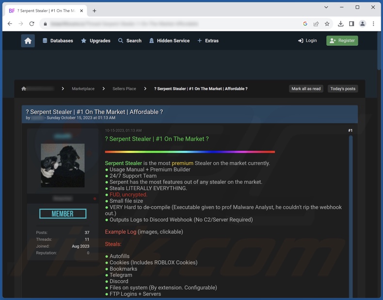 Screenshot di Serpent Stealer offerto in vendita online
