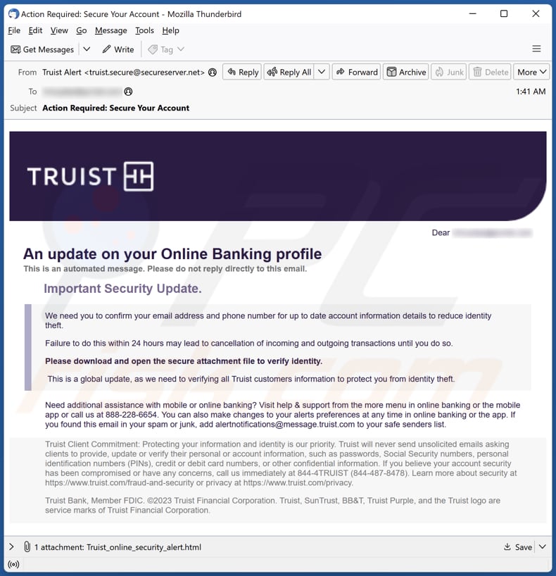 Truist Online Banking Profile campagna di spam via e-mail