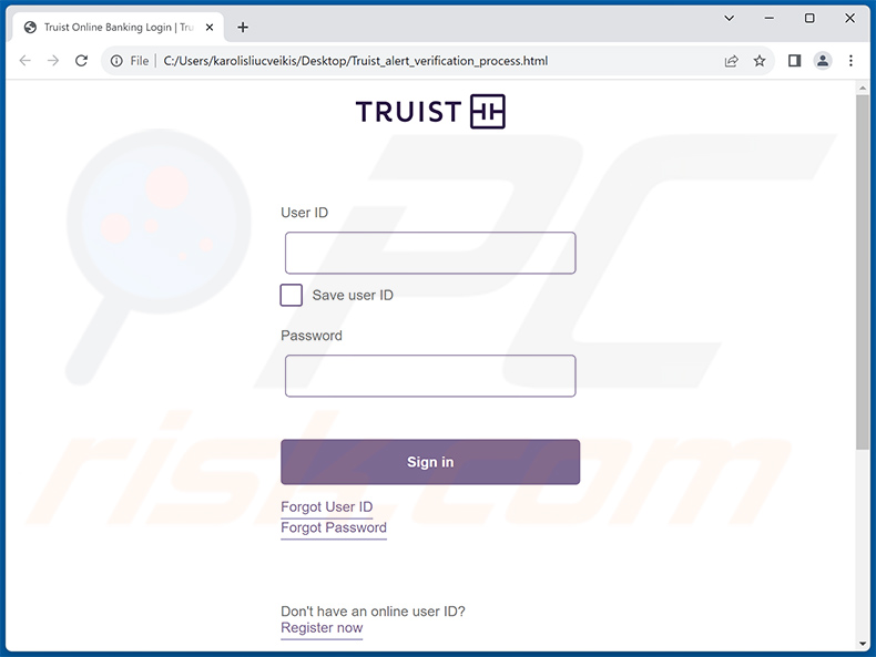 Documento HTML di phishing distribuito utilizzando il profilo Truist Online Banking (esempio 2)