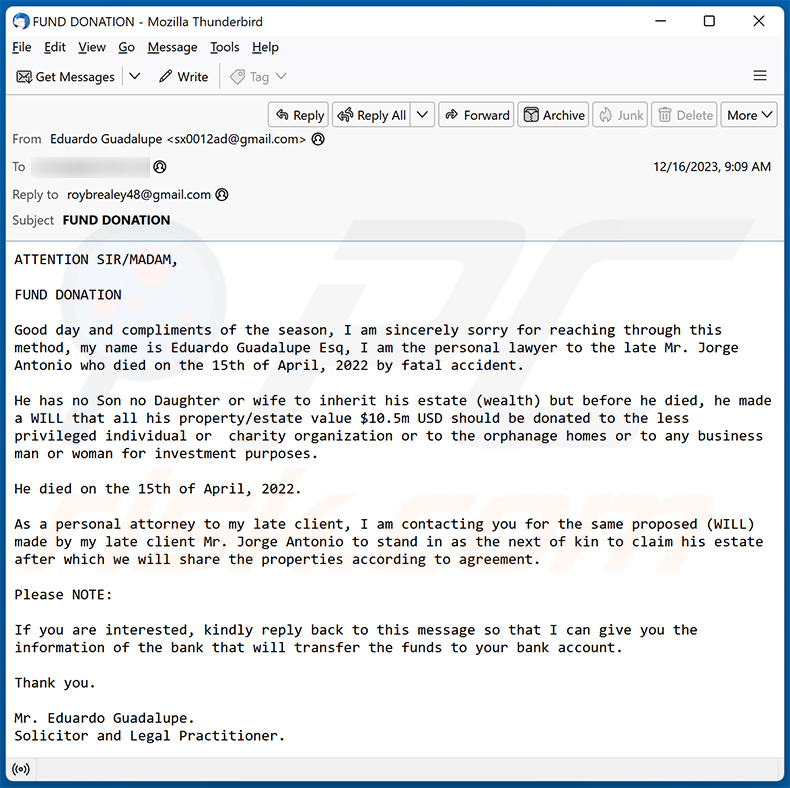 Fund Donation truffa via e-mail (2023-12-19)