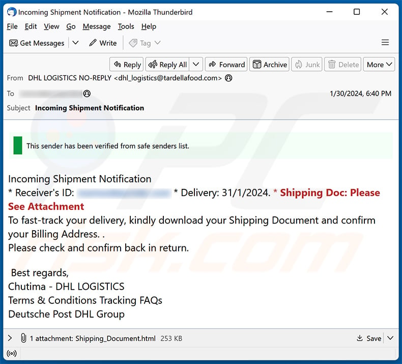 DHL - Incoming Shipment Notification email truffa (2024-02-01)