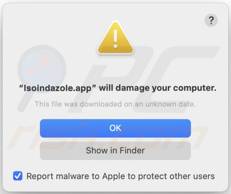 L'avviso che appare prima dell'installazione di Isoindzolo.app