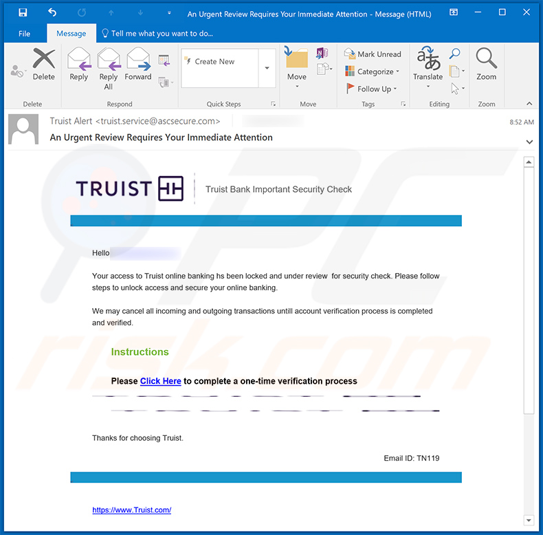 Truist Online Banking Profile truffa via e-mail (2024-01-12)