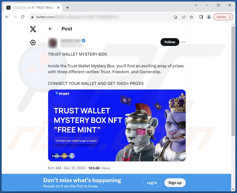 Trust Wallet Mystery Box post su Twitter (X) che promuove questa truffa